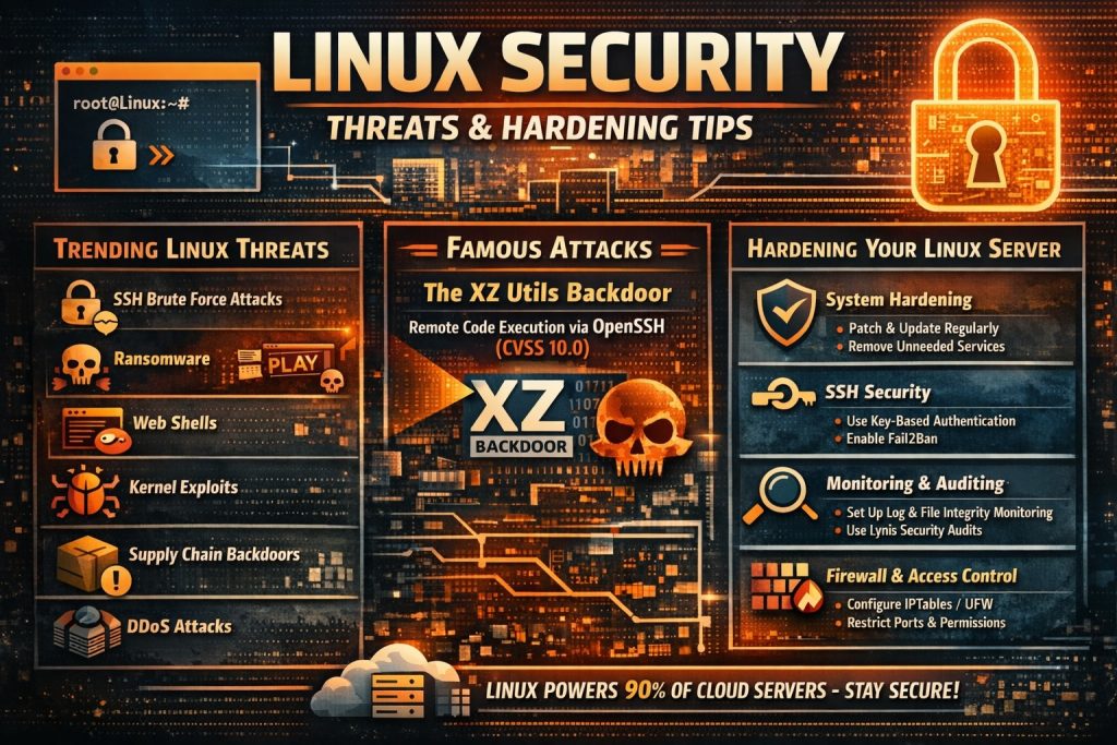 Linux security threats infographic showing trending cyber attacks and server hardening techniques