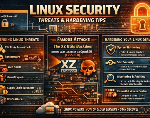 Linux Security in 2026: Threat Landscape, Trending Attacks, and How to Harden Your Servers Linux security threats infographic showing trending cyber attacks and server hardening techniques